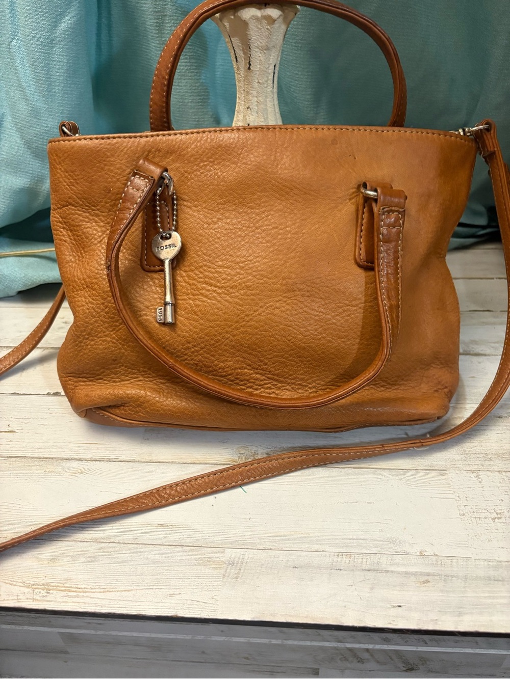 Fossil Cognac Leather Dual-Handle Shoulder Bag with Key Charm